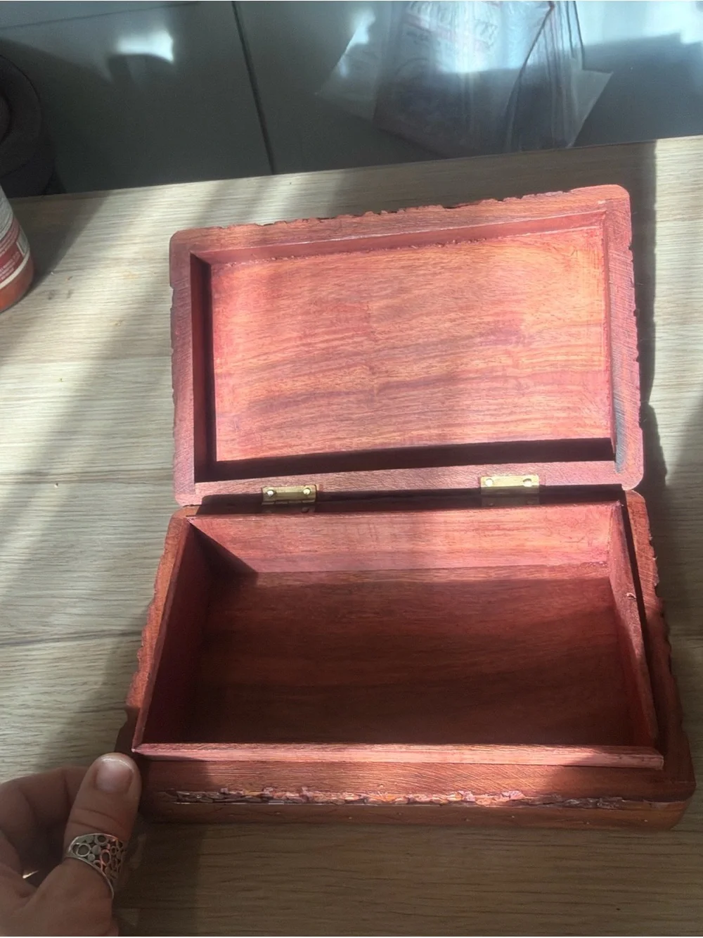 Hand-Carved Wooden Jewelry Box with Inlay